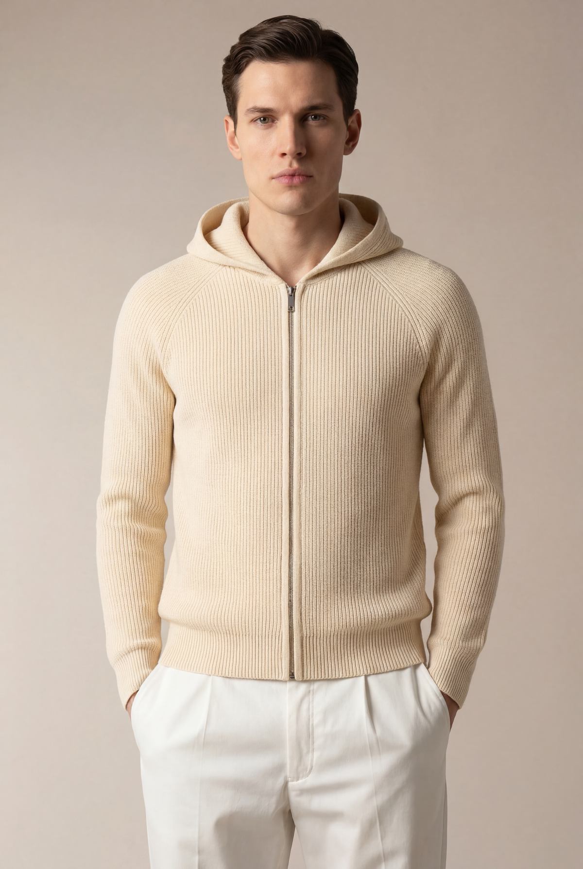 Siro Voyager Zip-Up Beige | Merino Hooded Zip-Up