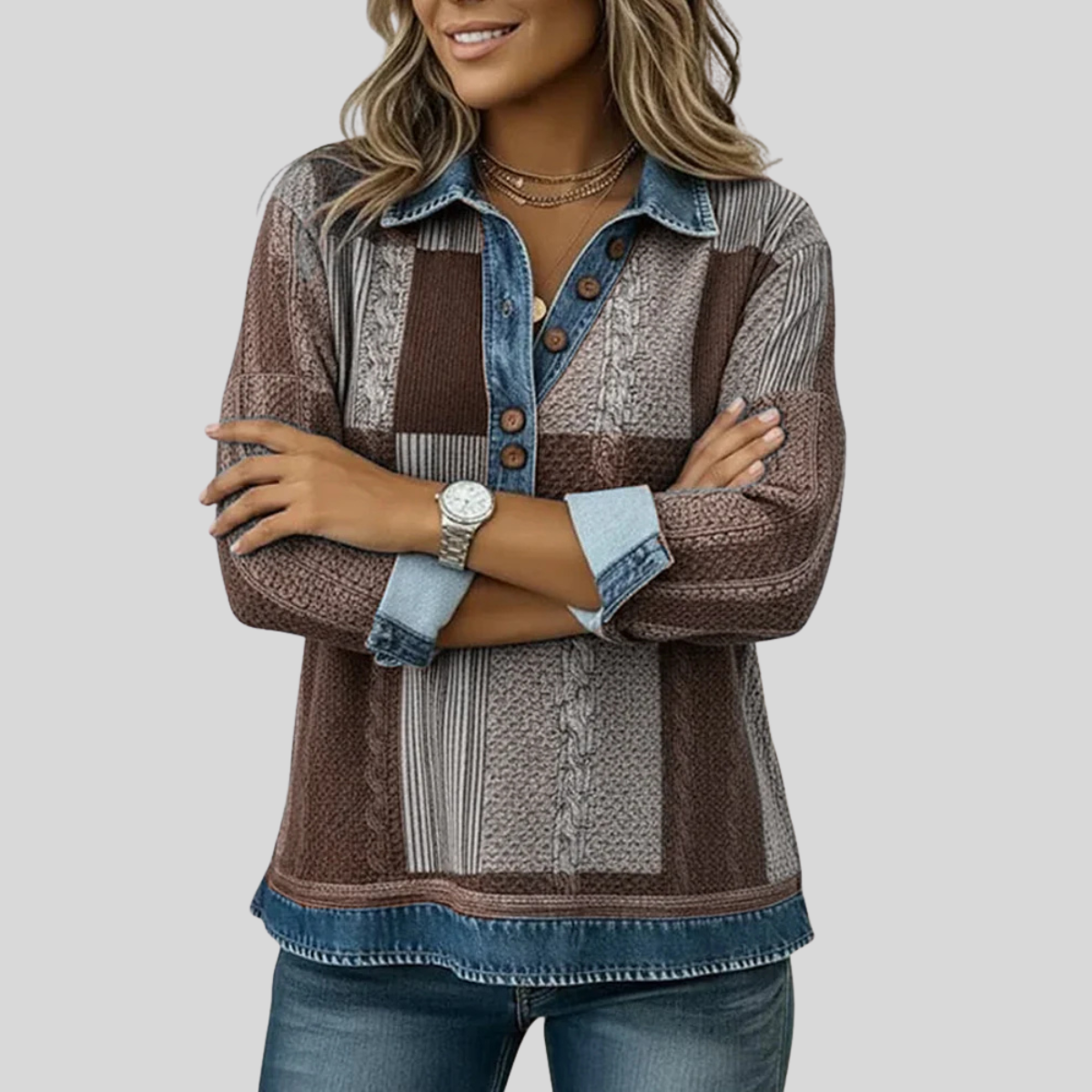 Blusa patchwork con cuello y botones