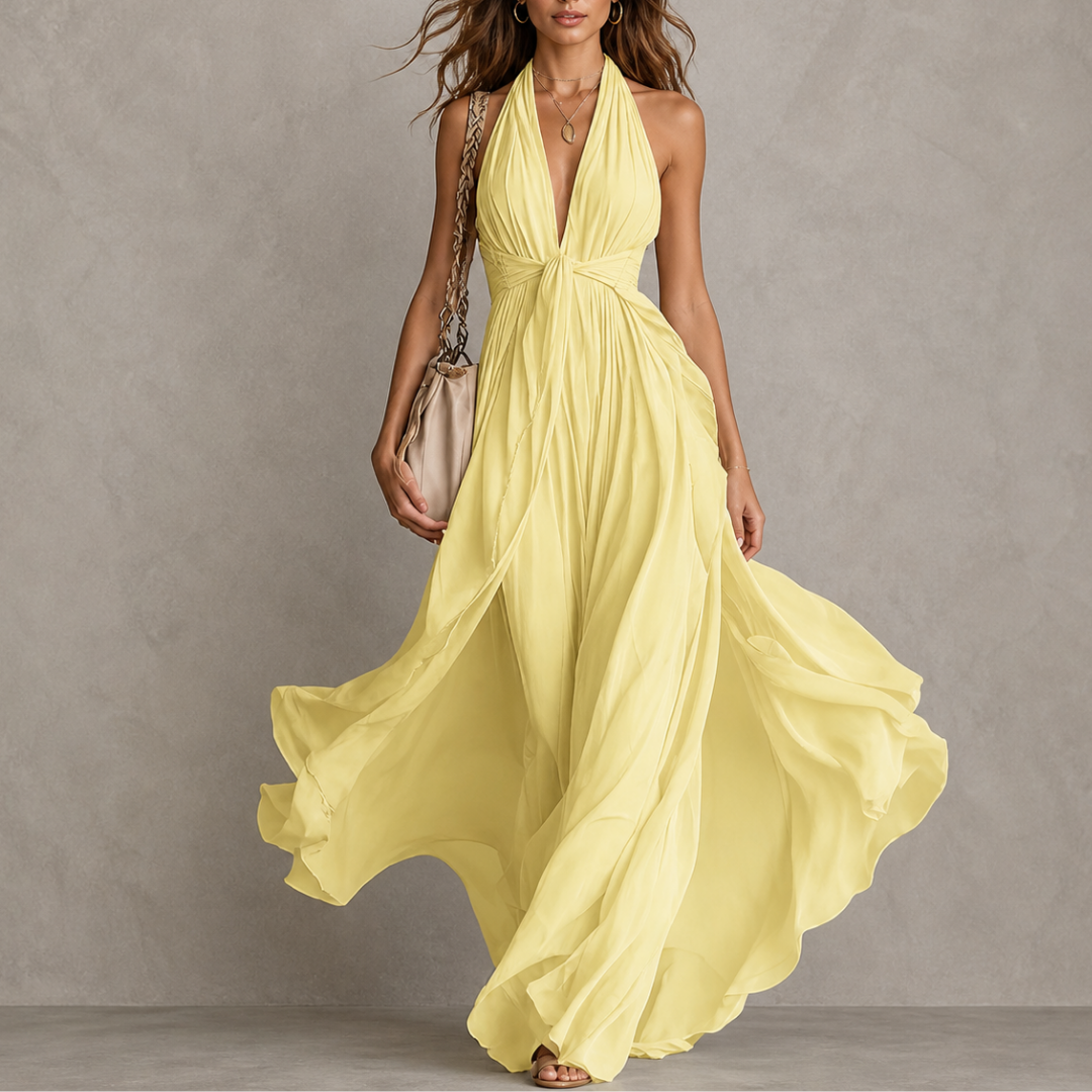 Vestido largo en gasa con escote halter