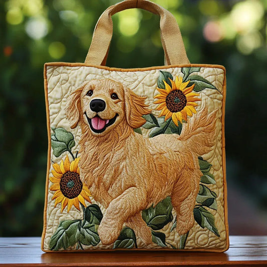 Bolso acolchado con golden retriever y girasoles