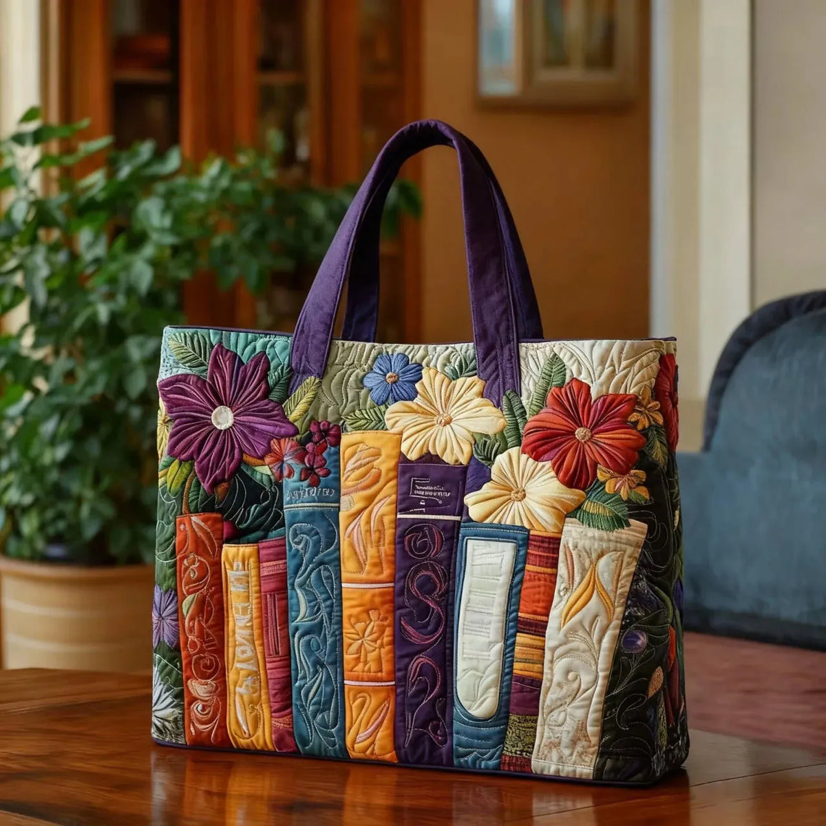 Bolso acolchado con motivo de libros