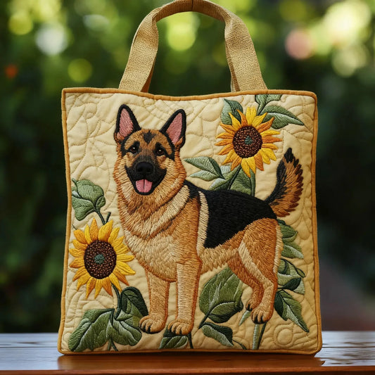 Bolso acolchado con pastor alemán y girasoles