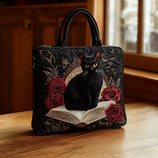 Bolso de mano acolchado con gato negro y libros