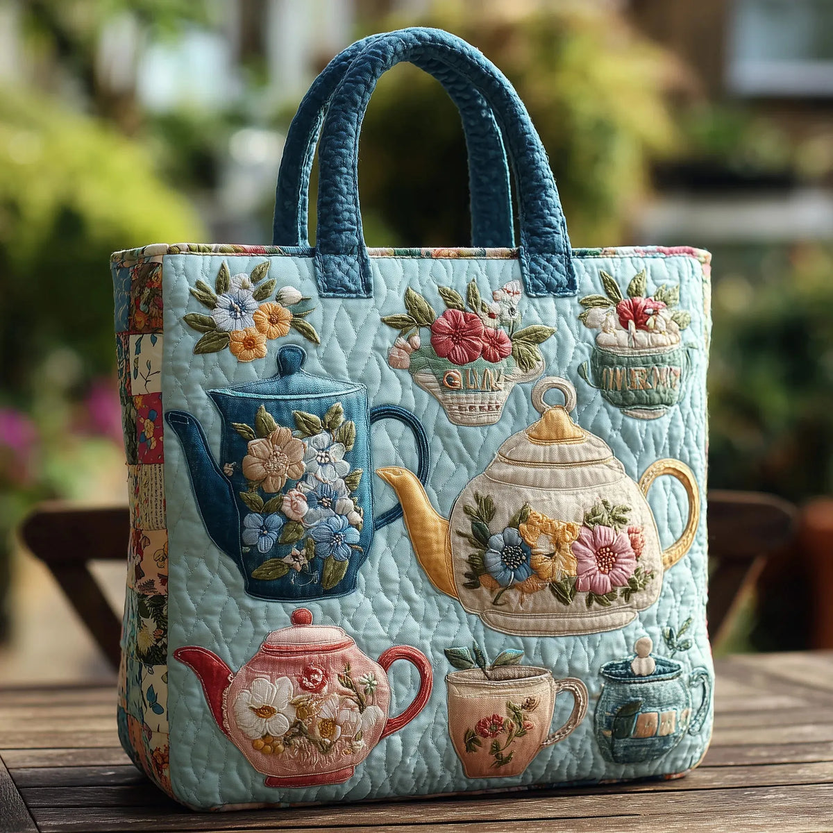Bolso acolchado con teteras y flores