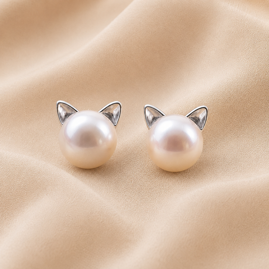 Pendientes de perla con gato en plata