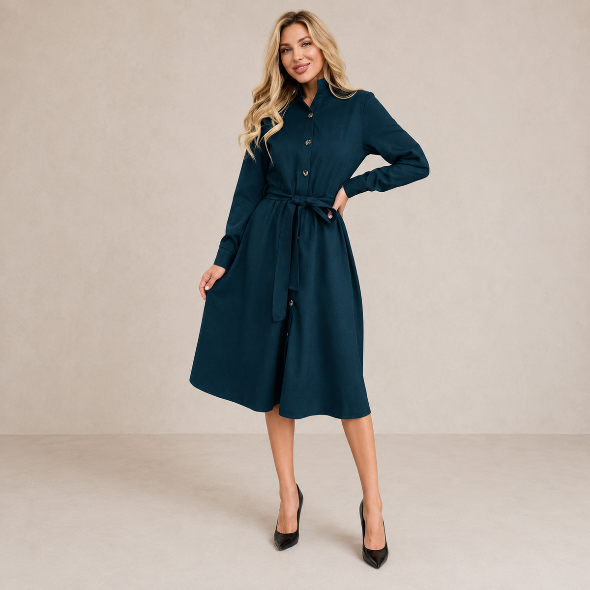 Vestido midi camisero con cinturón