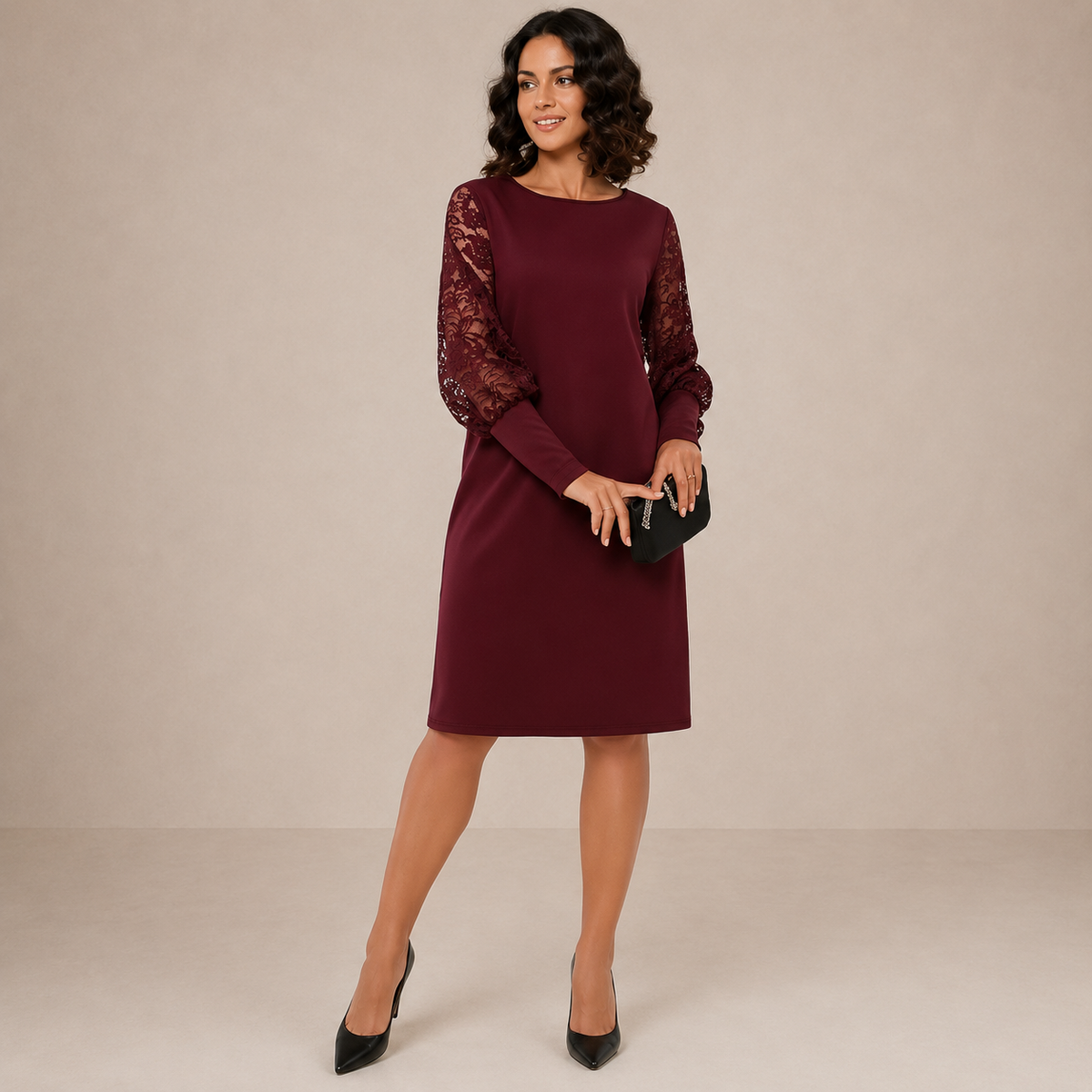 Vestido midi con mangas de encaje