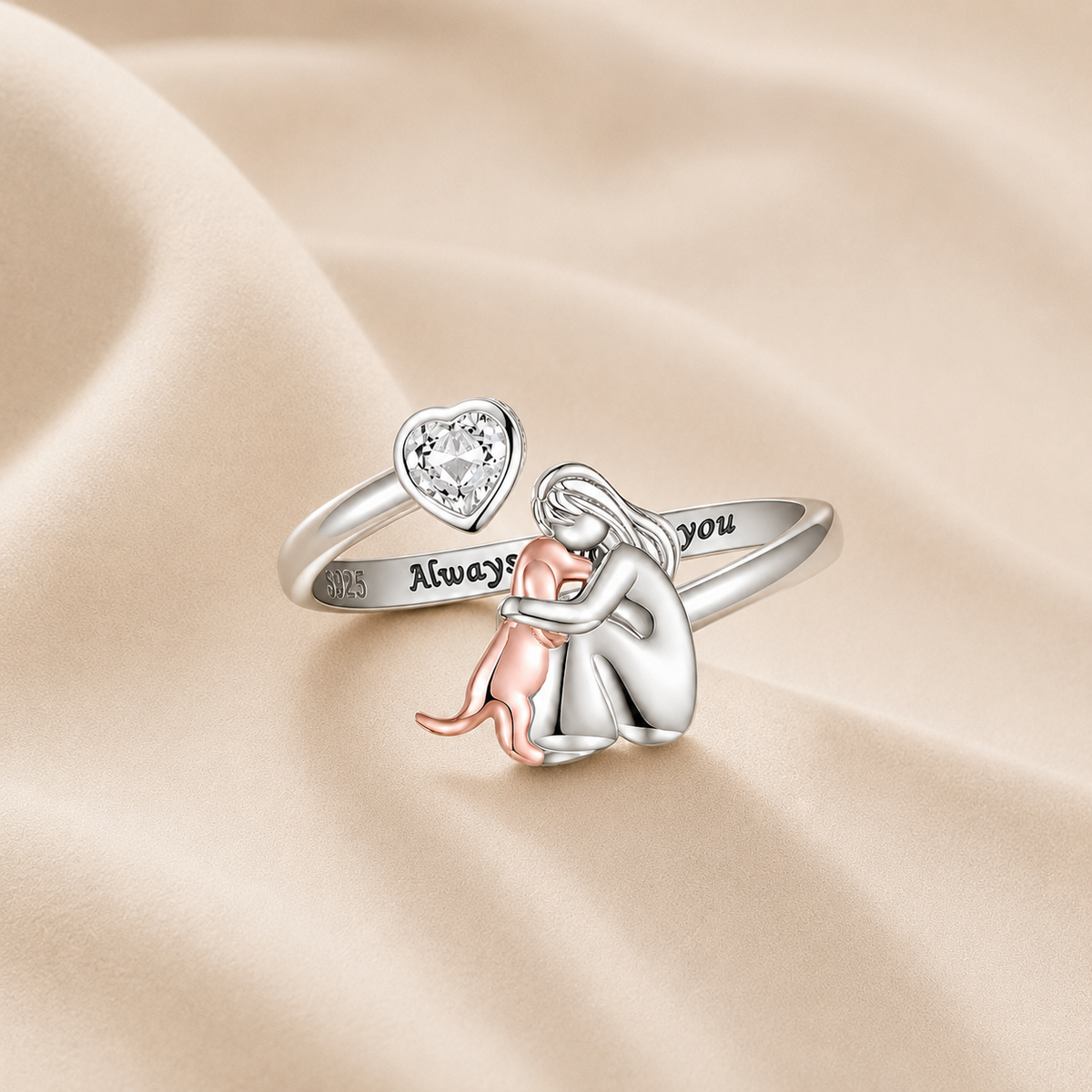 Anillo ajustable abrazo de perro y plata