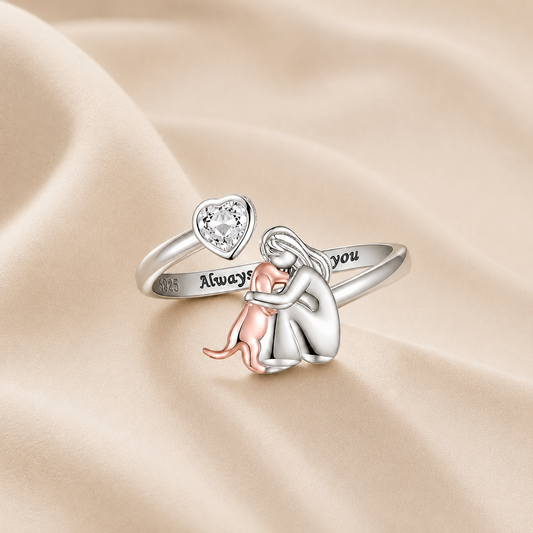 Anillo ajustable abrazo de perro y plata
