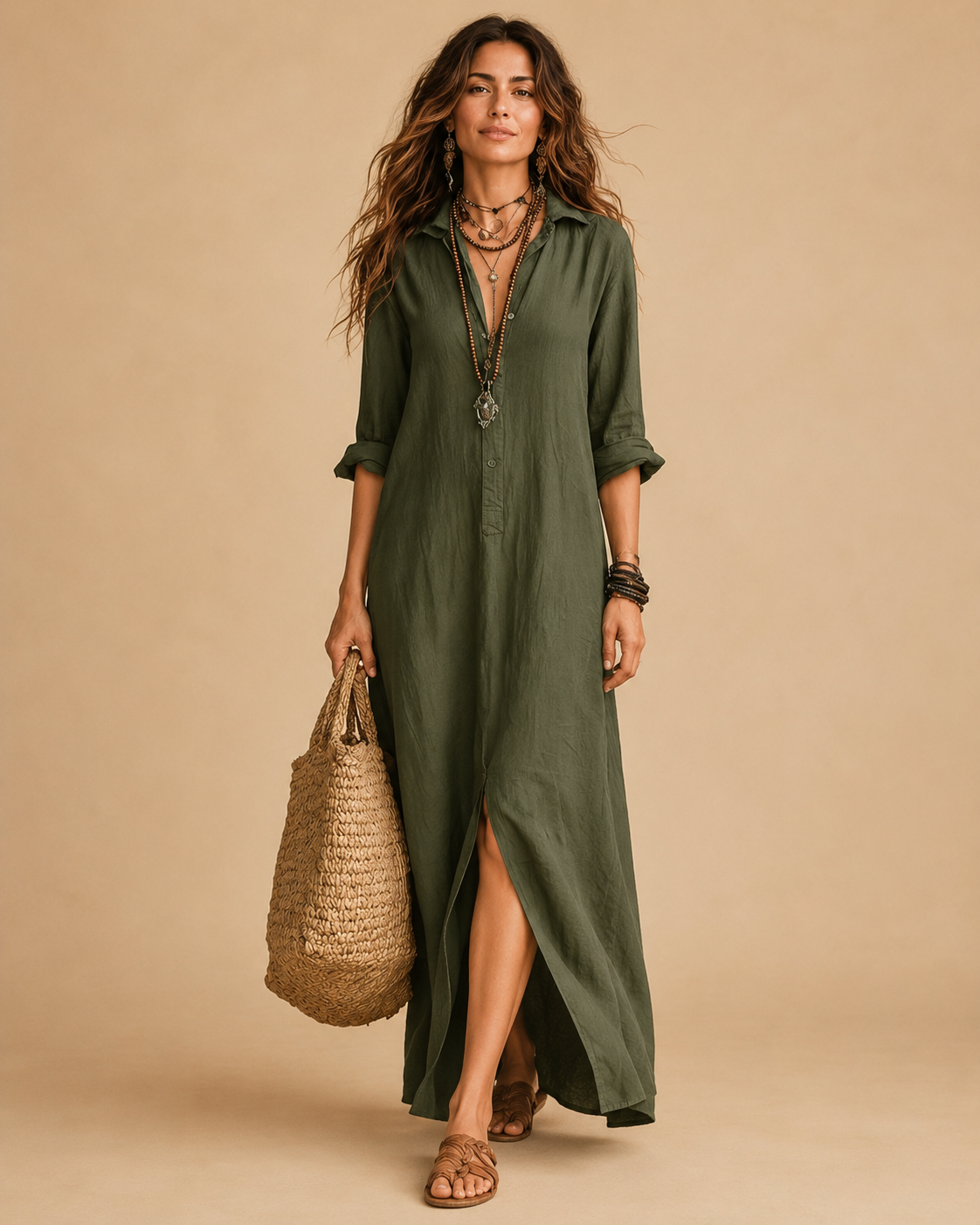 Vestido maxi con botones y suave escote en V
