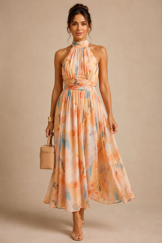 Vestido con cuello halter y estampado en acuarela