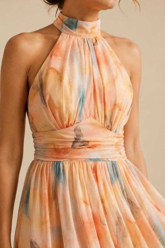 Vestido con cuello halter y estampado en acuarela