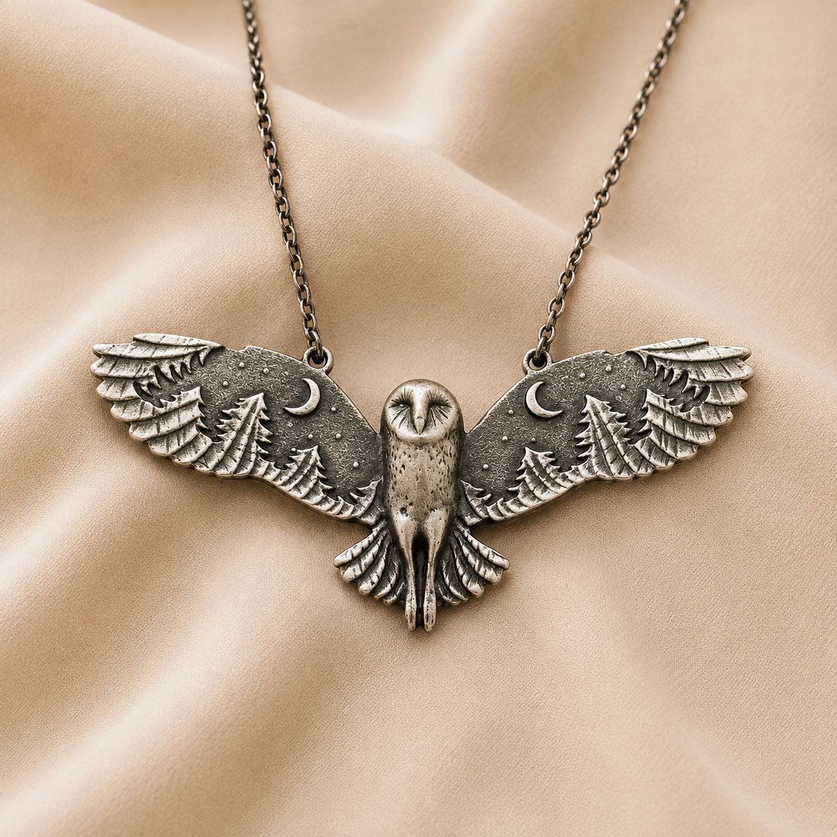 Collar de búho con luna en plata antigua