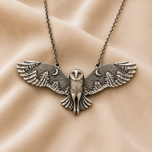 Collar de búho con luna en plata antigua