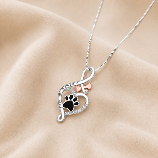Collar con huella de pata, corazón e infinito en plata