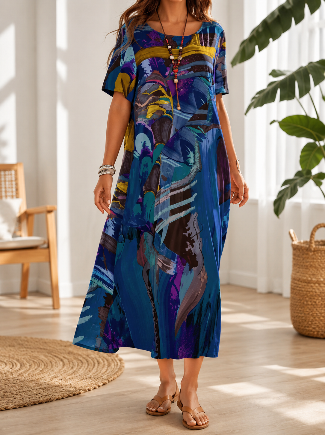 Vestido midi fluido con estampado abstracto