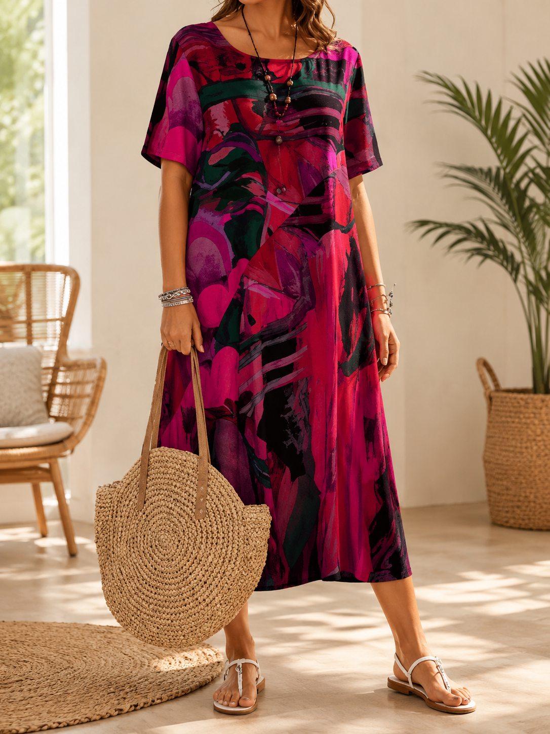 Vestido midi fluido con estampado abstracto