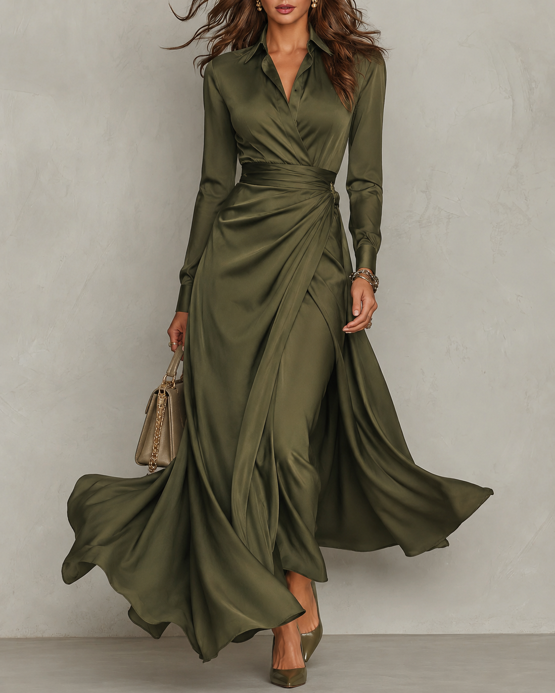 Vestido midi fruncido con escote camisero