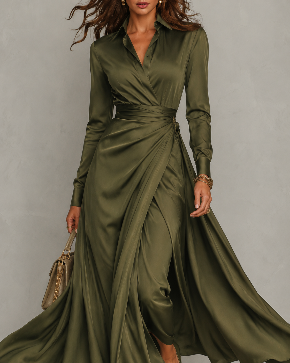 Vestido midi fruncido con escote camisero