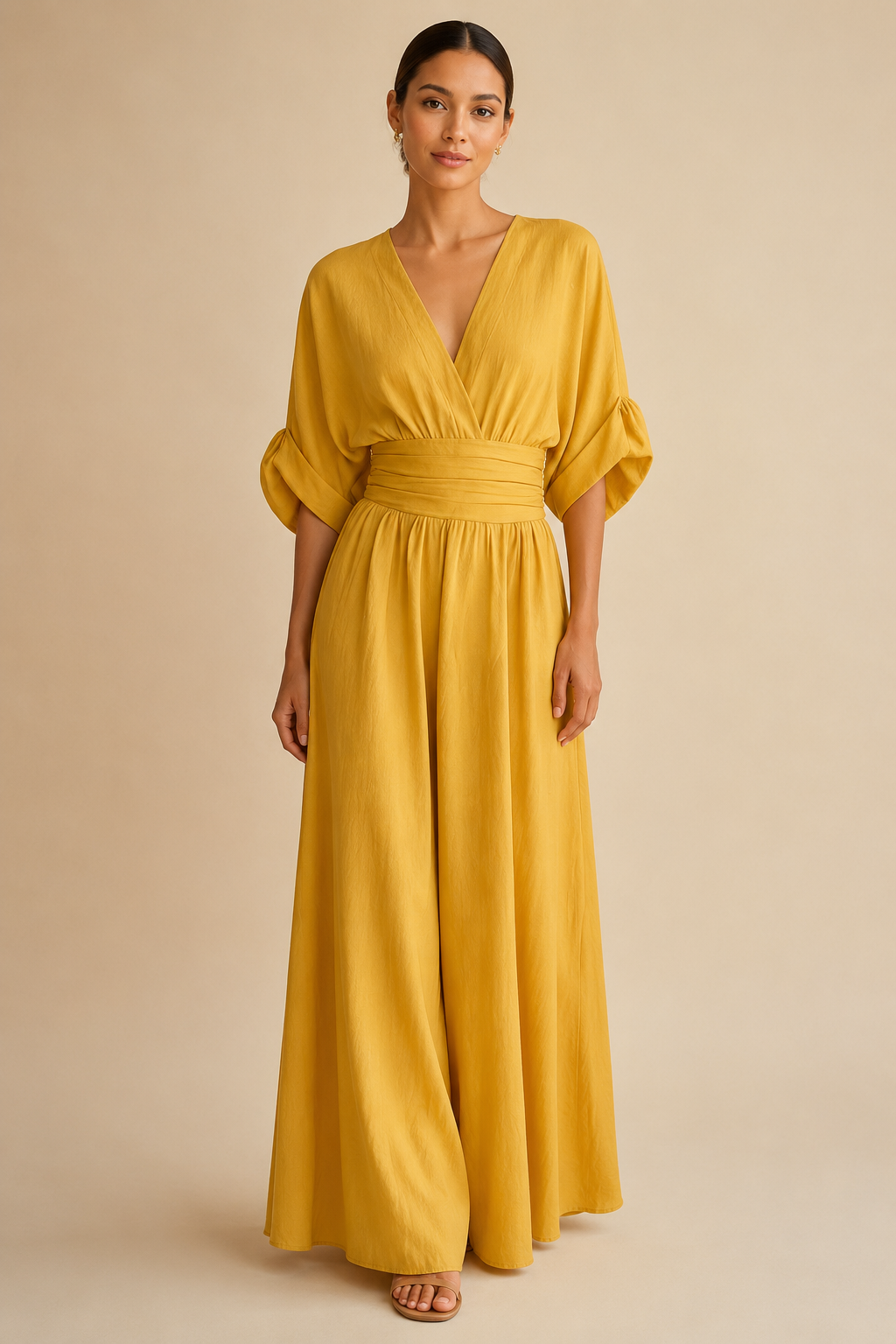 Mono elegante con escote en V y cintura alta