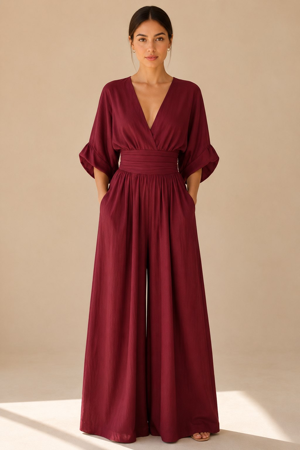 Mono elegante con escote en V y cintura alta