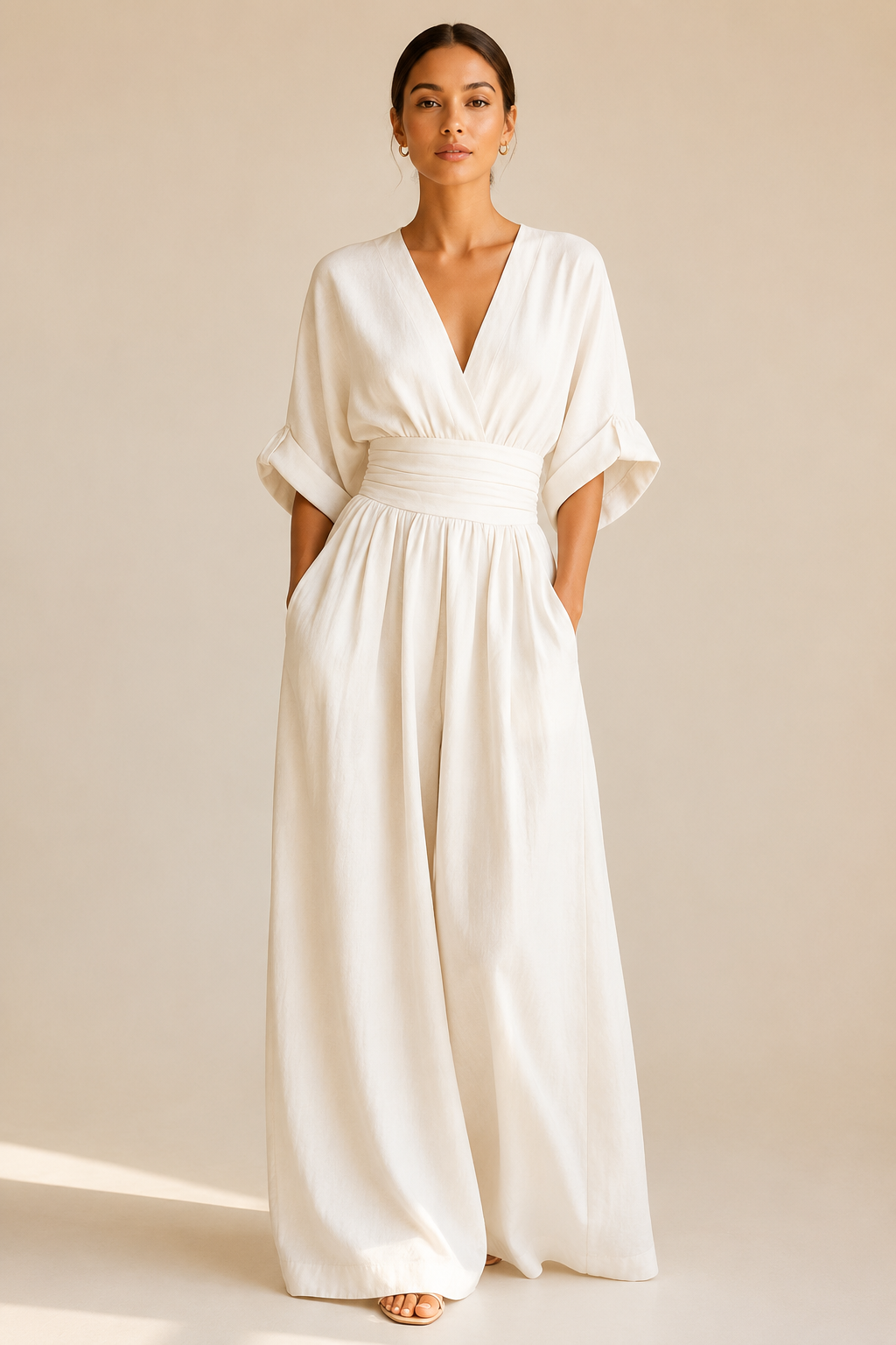 Mono elegante con escote en V y cintura alta
