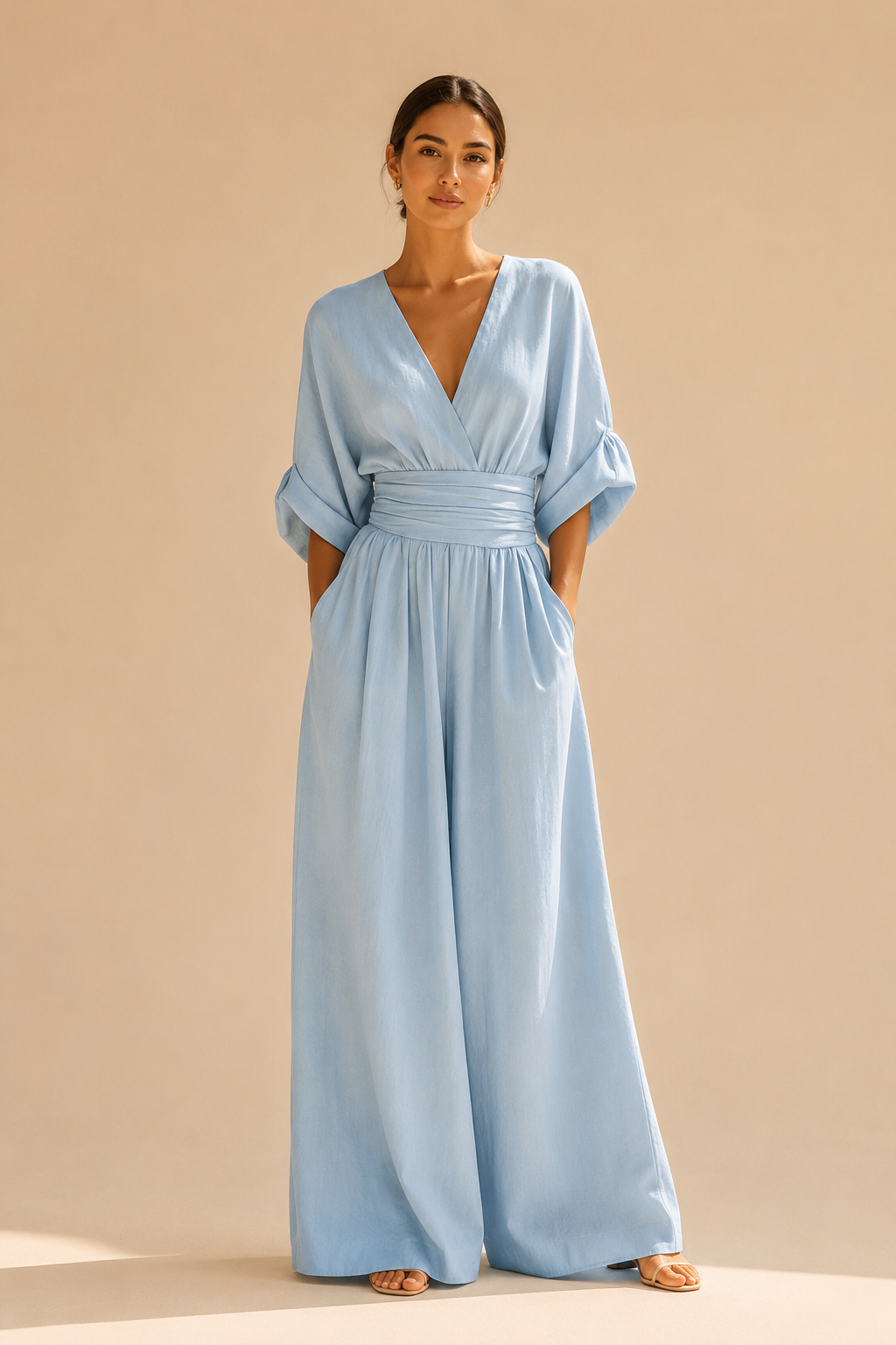 Mono elegante con escote en V y cintura alta