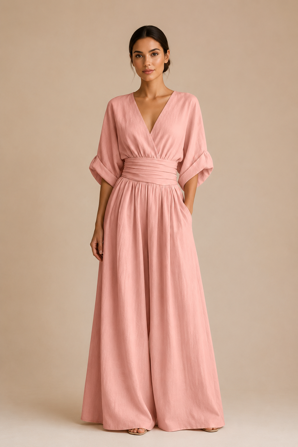 Mono elegante con escote en V y cintura alta