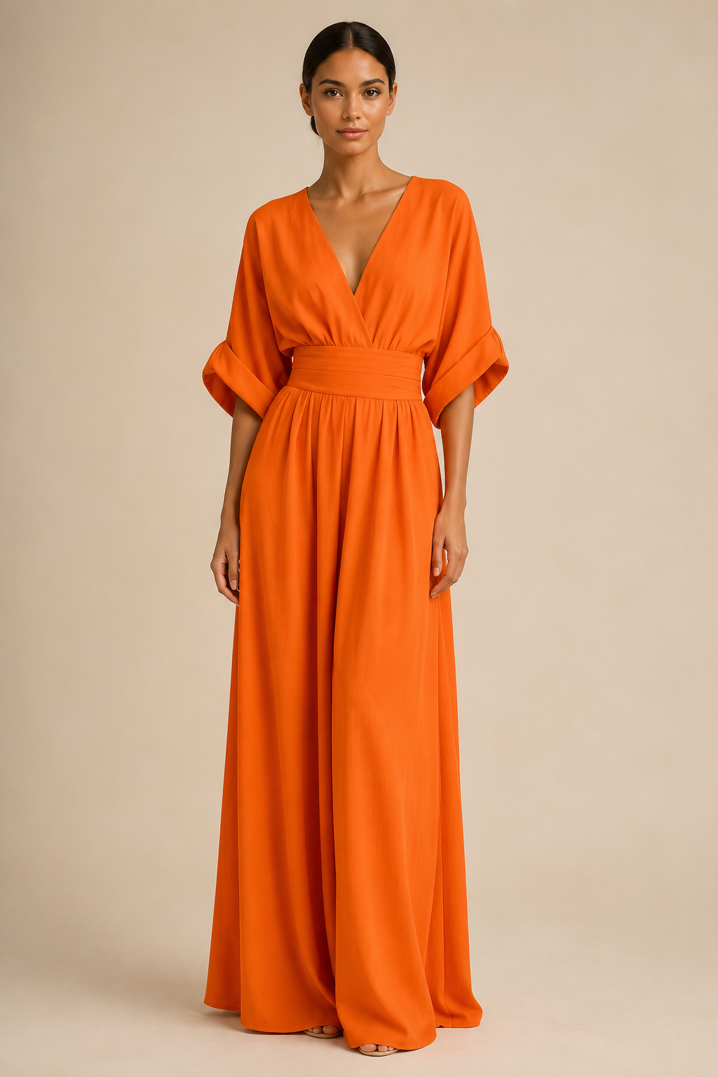Mono elegante con escote en V y cintura alta