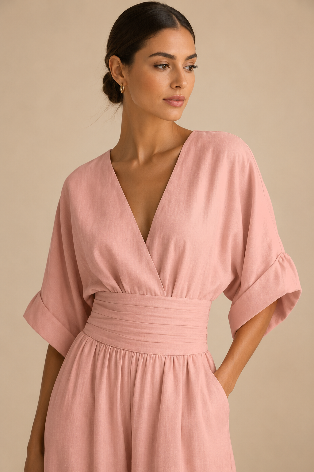 Mono elegante con escote en V y cintura alta