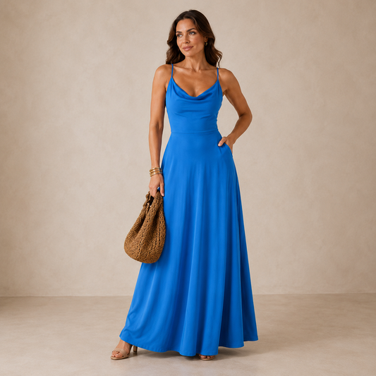 Vestido largo con escote drapeado