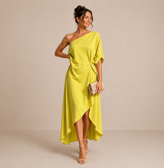 Vestido midi con drapeado asimétrico