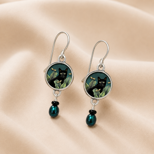 Pendientes colgantes con gato tropical