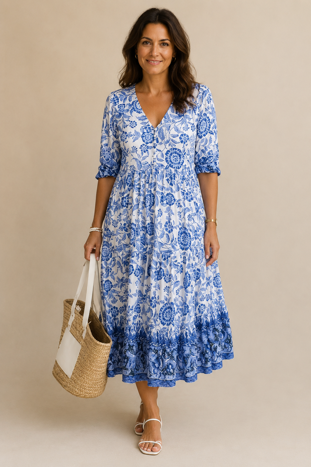 Elegante vestido maxi con estampado floral y escote en V
