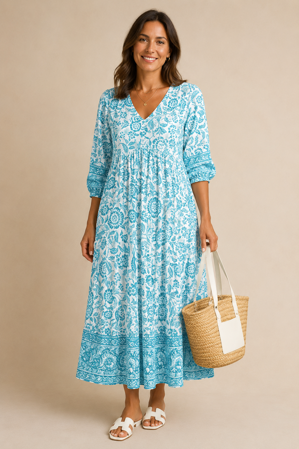 Elegante vestido maxi con estampado floral y escote en V