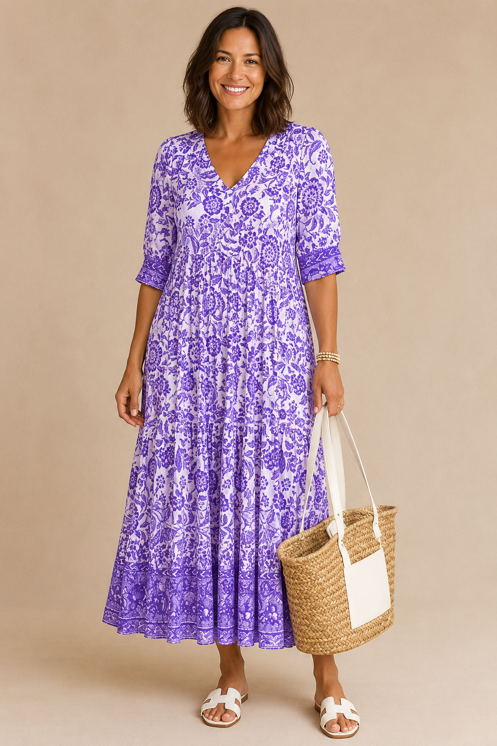 Elegante vestido maxi con estampado floral y escote en V