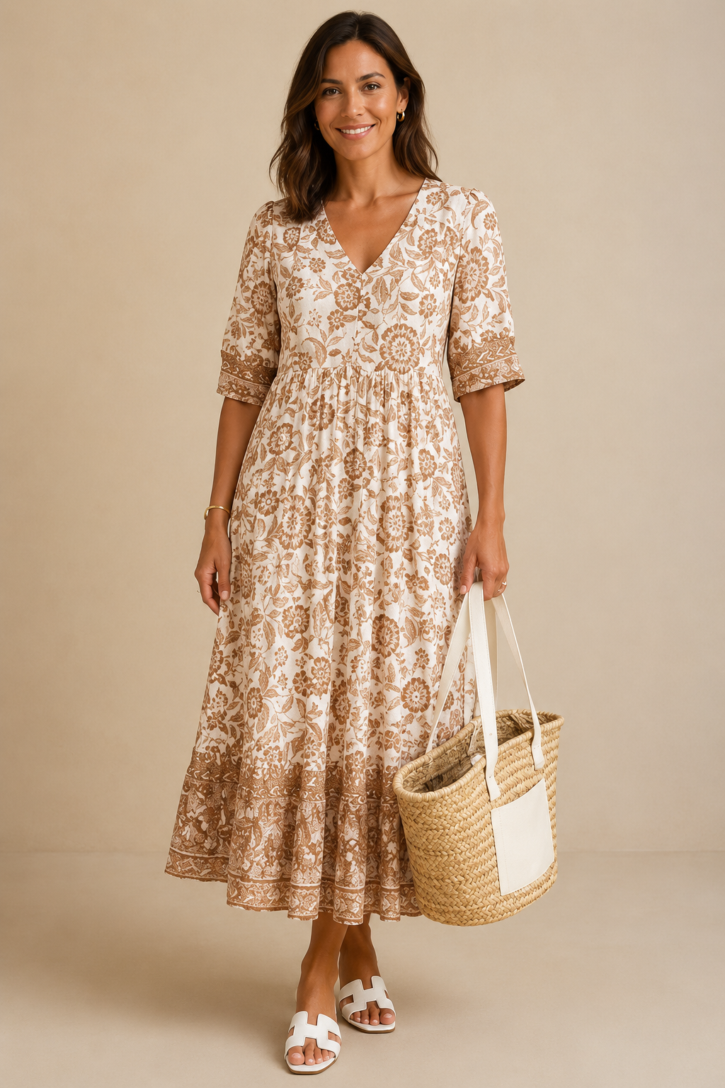 Elegante vestido maxi con estampado floral y escote en V