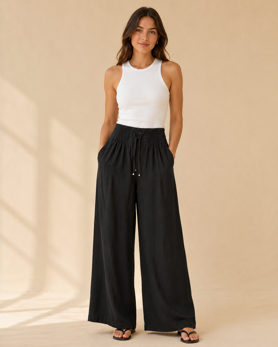 Pantalones de pierna ancha de algodón y lino