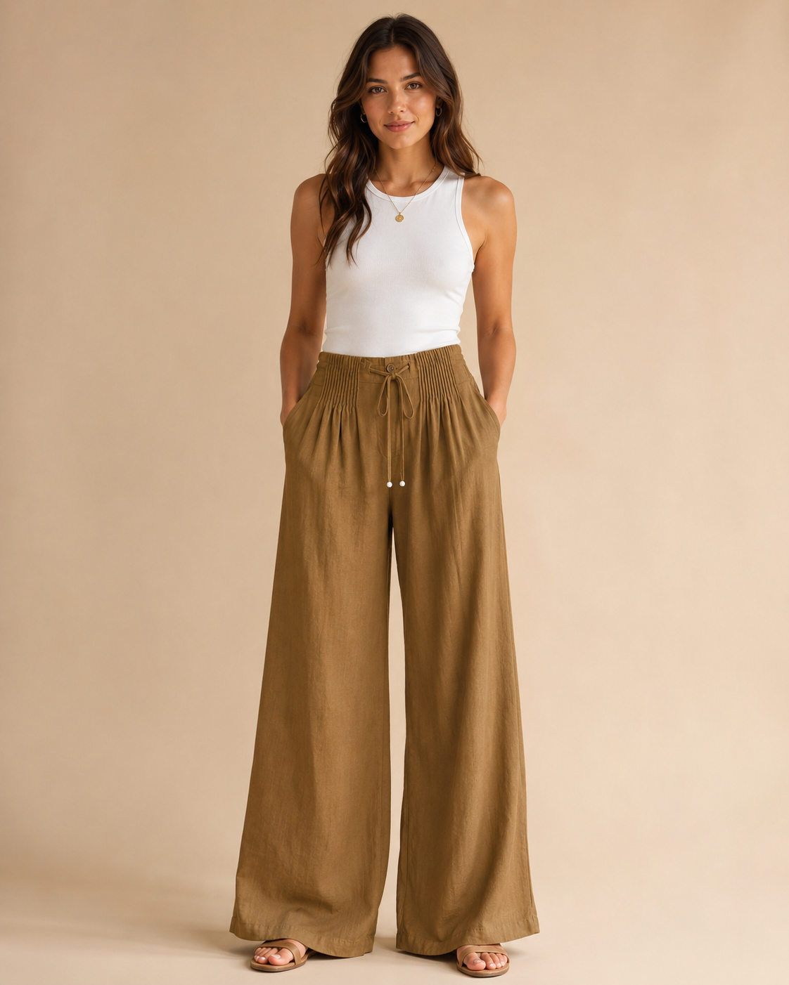 Pantalones de pierna ancha de algodón y lino