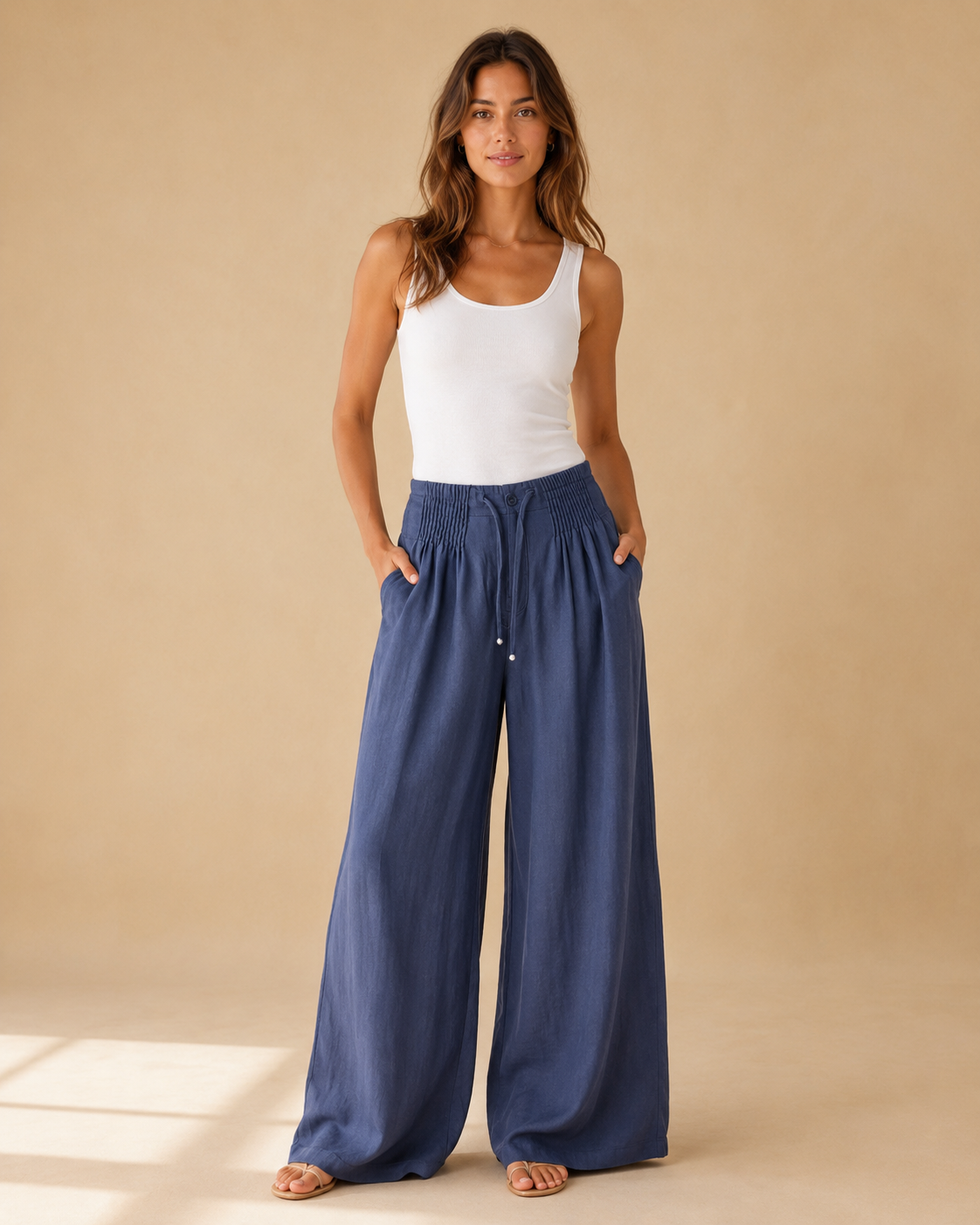 Pantalones de pierna ancha de algodón y lino