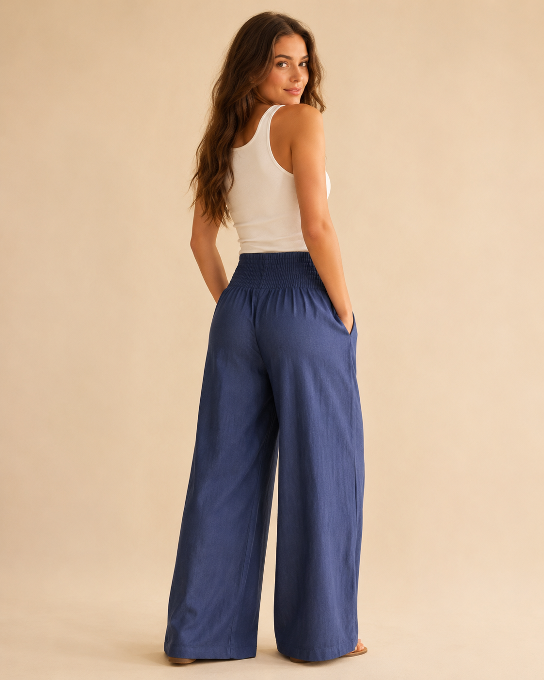 Pantalones de pierna ancha de algodón y lino