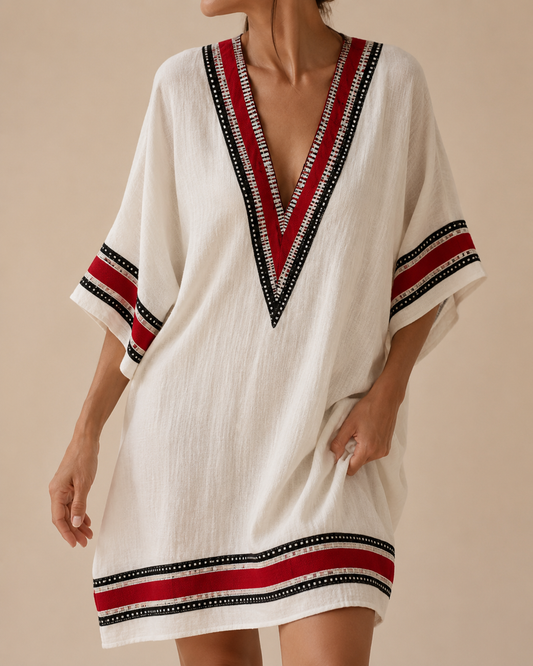 Vestido corto bordado rojo y blanco