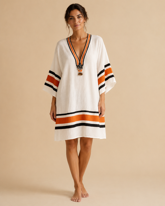 Vestido corto bordado naranja y blanco