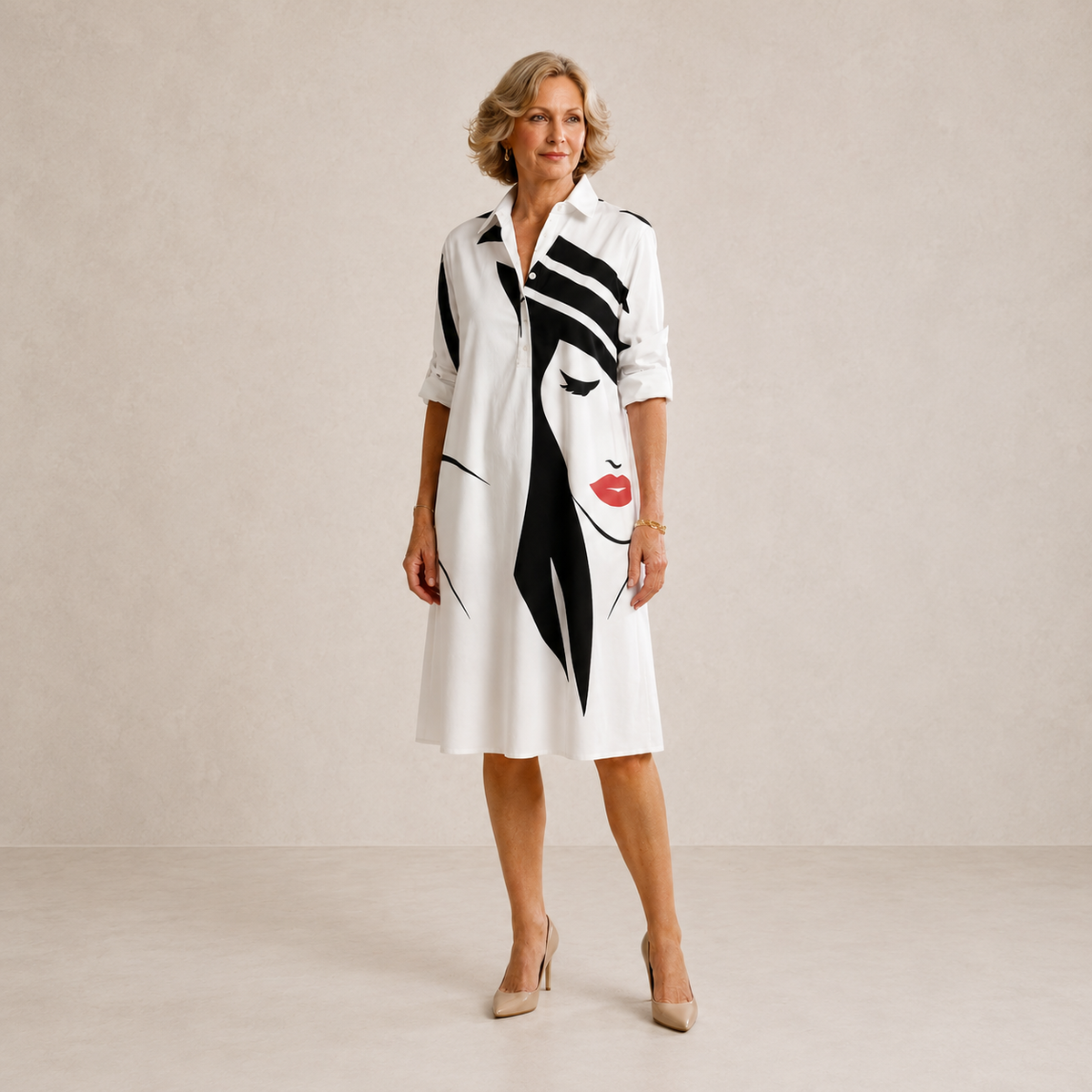 Vestido midi camisero con estampado artístico