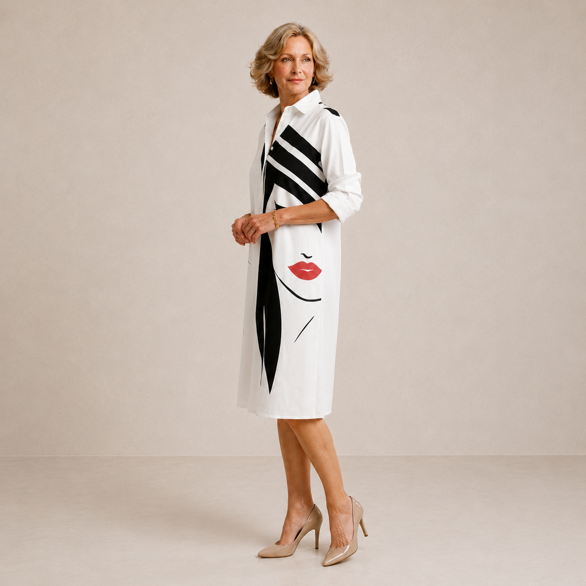 Vestido midi camisero con estampado artístico