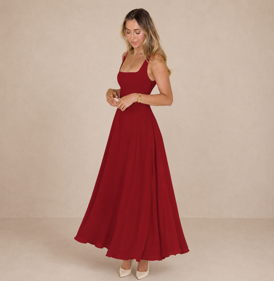 Vestido midi fluido con escote cuadrado