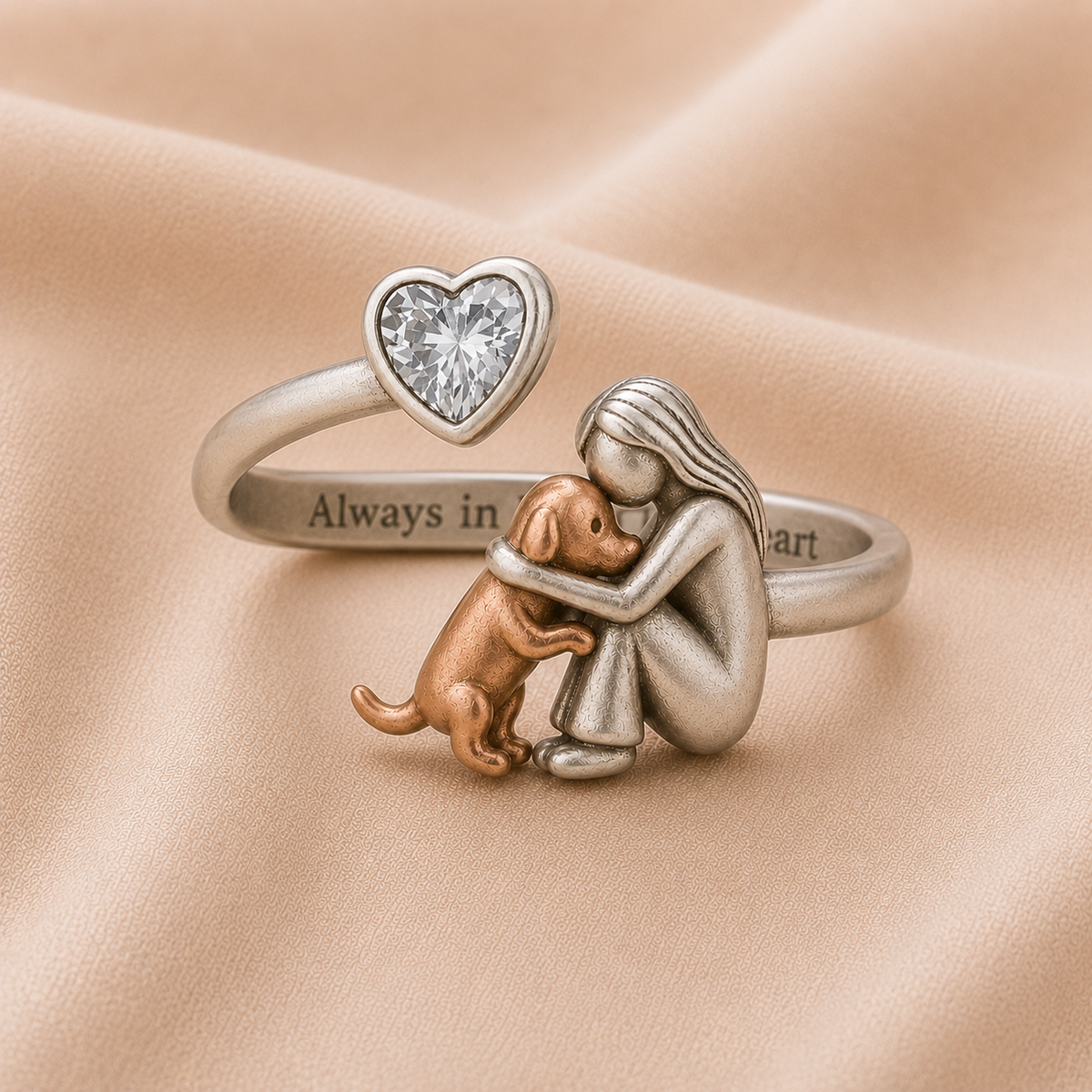 Anillo ajustable abrazo de niña y perro en plata