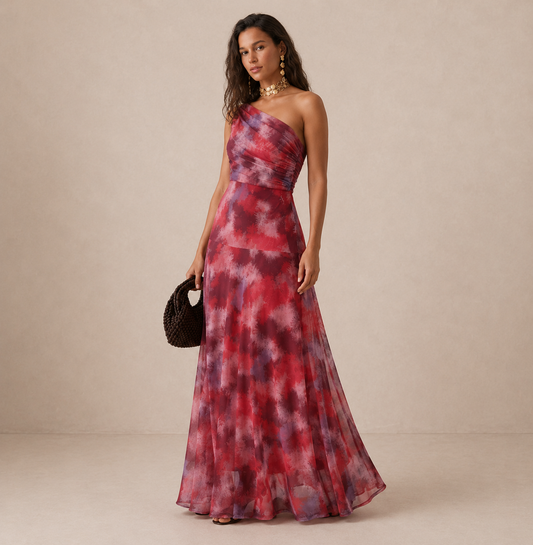 Vestido largo estampado con escote asimétrico