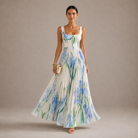 Vestido largo plisado con estampado floral