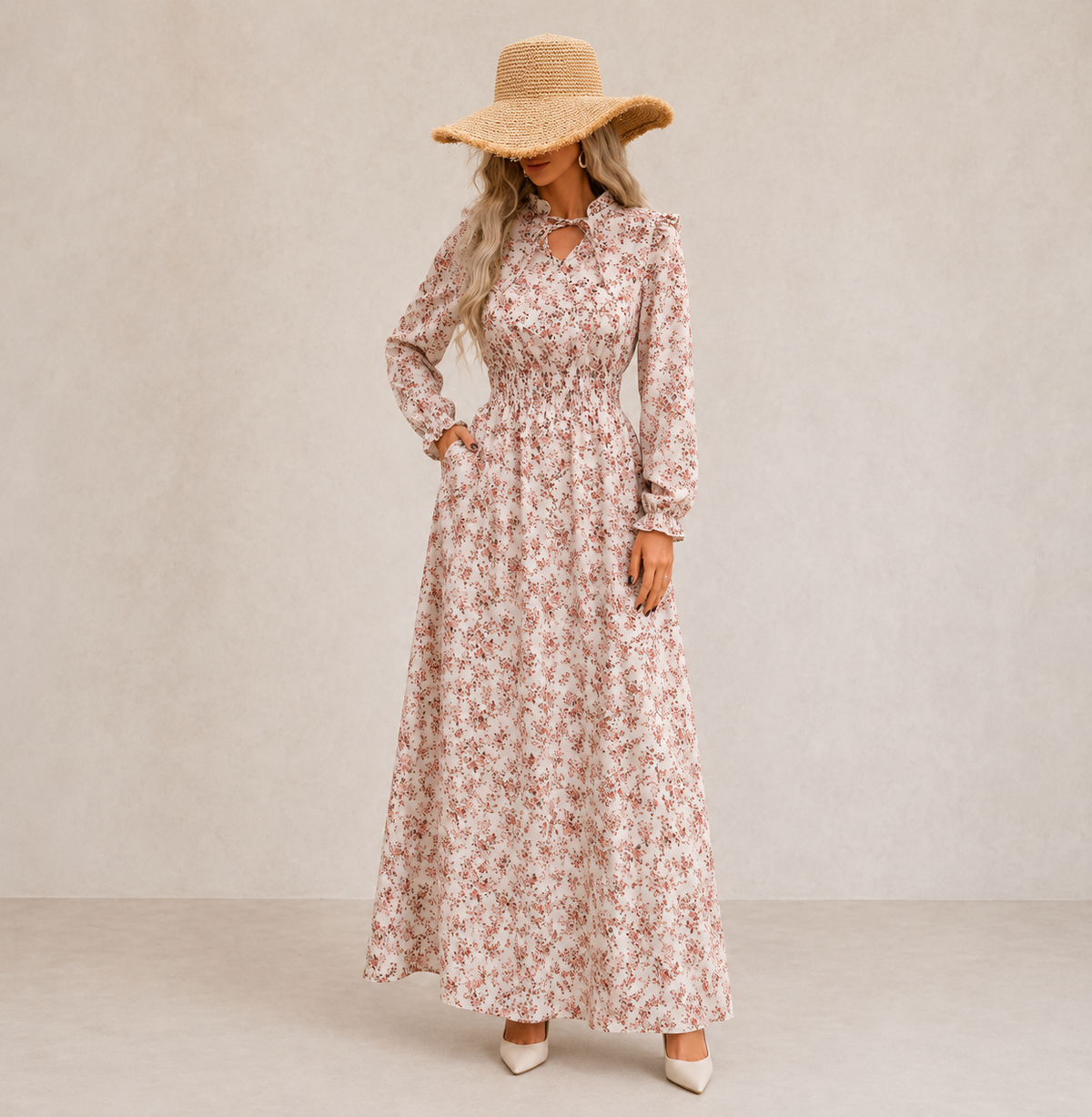 Vestido largo floral con manga larga